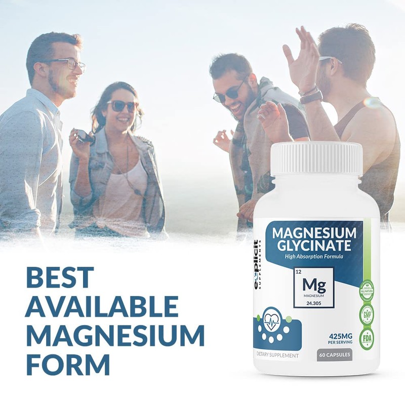 Pure Magnesium Glycinate 425mg, 100% Chelated, 60 Capsules – Made