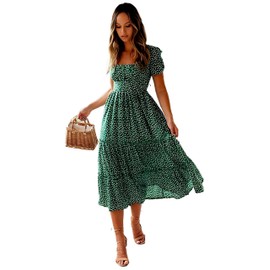 Roll Up Women's Spring Summer Party Casual Floral Striped Printed Elegant Beautiful Cute Mini Midi Maxi Dresses (GreenWhtFloral, x_l)