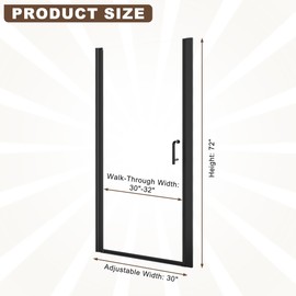 Osparple Shower Door Semi-Frameless 30" W x 72" H Pivot Shower Glass Door with 1/4" (6mm) Clear Tempered Glass and Simple Handle for Bathroom, Adjustable Width, Matte Black