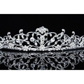 Flower Vine Design Bridal Tiara Crown - Clear Crystals Silver Plating T654
