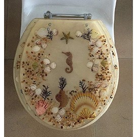 ELONGATED BEIGE SEASHELL and SEAHORSE RESIN TOILET SEAT, CHROME HINGES