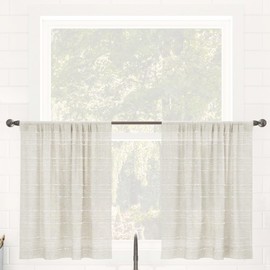 Clean Window Textured Slub Stripe 2-Pack Anti-Dust Allergy/Pet Friendly Sheer Cafe Curtain Pair, Linen, 52" W x 36" L (2 Panels)