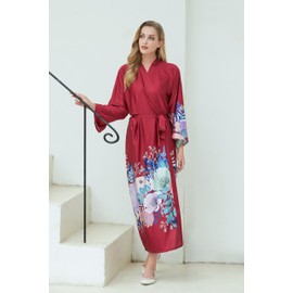 OWITER Long Women's Silk Printed Robe Satin Dressing Gown for Women Kimono Floral Nightgown Luxury Gifts 6003 (One Size, Burgundy)
