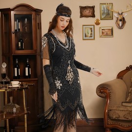 WILDPARTY 20s Roaring 20s Charleston Flapper Dress with Thin Sleeves Sequins Beads Fringe, Cocktail Dress 20s Accessories, Vintage Mafia Costume Women's Carnival