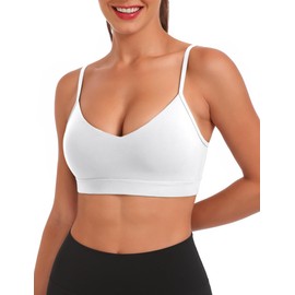 Buauty V Neck Sports Bra for Women, Padded Push up Women's Sport Bras Adjustable Thin Straps, Light Support Yoga Camisole Basic Top, Low Impact Spaghetti Strap Sport Racerback Bras White M