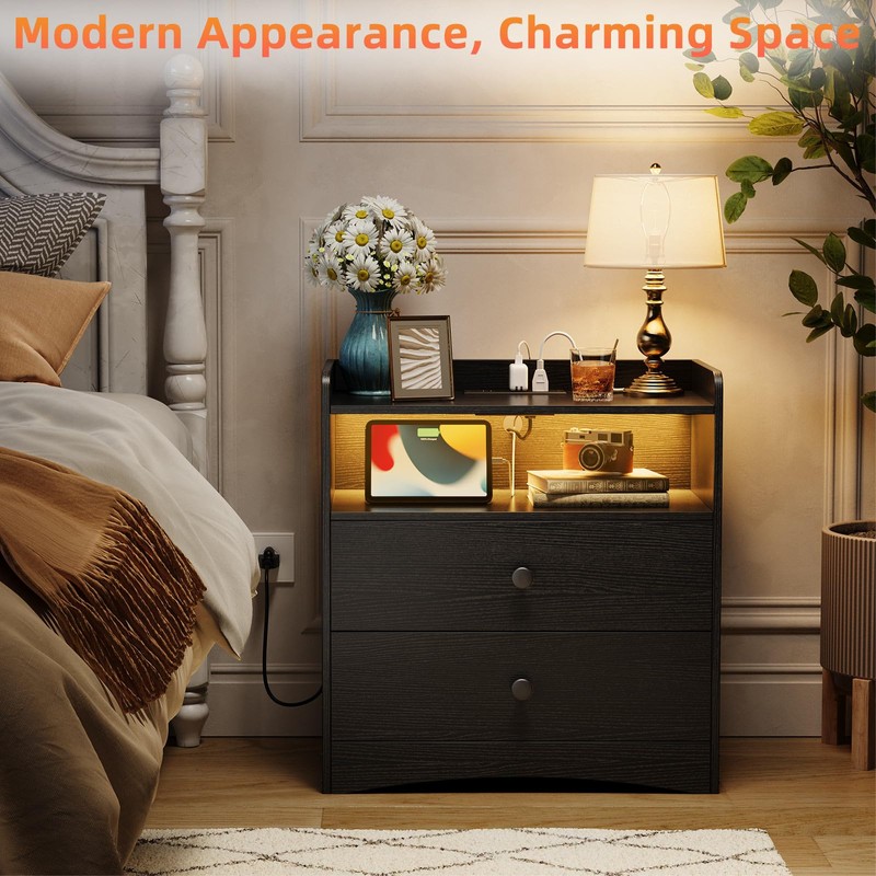 Memobarco Nightstand with Charging Station and LED Light,Modern Nightstand with