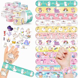 48PCS Caticorn Party Favors 24PCS Tattoos 24PCS Slap Bracelets Wristbands Themed Birthdays Party Supplies Decorations Decor Cat Unicorn Kitty Pattern Girls Boys Gifts Classroom Prize Reward