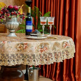 SUTAVIA Lace Tablecloth Embroidery Lace Floral Tablecloths Rectangular Vintage Jacquard Fabric Table Cover for Home Decor Holiday Party (Gold, 60" Round)