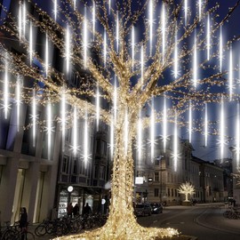 DAHAN Luces de Lluvia de Meteoritos, 30cm, 10 Tubos 240 Luces LED de Carámbano Impermeable, Luces de Lluvia Que Caen, para Decoración de Árbol, Aleros, Techo, Patio, Jardín (Blanco Frío)