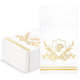 WRAPAHOLIC 50Pcs Letter P Napkins - 3-Ply Disposable Paper Guest Napkin, Gold Foil Letter P with Shield and Floral - 4.3 x 7.9 In