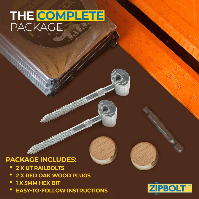 Zipbolt UT Railbolt - Connects Staircase Handrails to Balusters, Spindles,