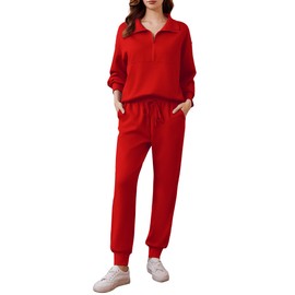 PINSPARK Lounge Sets for Women 2 Pieces 2024 Long Sleeve Travel Outfits Pullover Half Zip Jogger Sets Track Suits Matching Sets,Red Medium