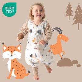 schlummersack Baby sleeping bag with feet, summer, 1 tog, sleeping bag with legs and extended cuffs, sleeping bag for summer, spring with sleeves, mountain animals