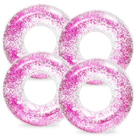 Whaline 4Pcs Inflatable Pool Floats Toys Clear Swim Tubes Rings Glitter Hot Pink Pool Tube for Teen Boys Girls Outdoor Summer Swimming Pool Beach Party Favors Supplies