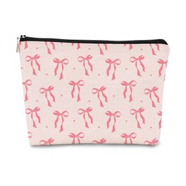 Pink Bow Makeup Bag, Large Capacity Zipper Cosmetic Bags Makeup Organiser Bag, Bow Aesthetic Travel Toiletry Pouch, Cute Storage Bag Preppy Stuff for Girls Women