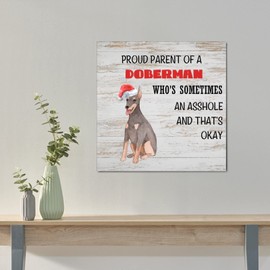Elvoes Proud Parent of A Dobermann Sign Funny Dog with Santa Hat Wall Hanging Art Puppy Mom Sign Rustic Home Decor Animal Wood Plaque Signs for Christmas Decorations Dog Lover Gift 14x14in