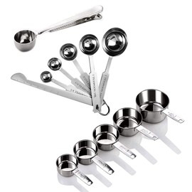 Vegena Edelstahl Messbecher und Löffel mit Messlineal, 12 Stück hochwertiger Küche Umrechnungstabelle Set, 5 Cup Messbecher 5 Messlöffelset 1 Scoop mit Clip und 1 Messlineal für Backmaße