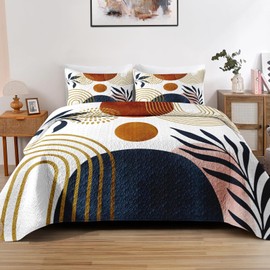 Pamnest Quilt Set Full/Queen Size, Gold Yellow Mid Century 3 Pcs Soft Bed Cover Bedding Set for Kids and Adults, Sun Boho Geometric Leaf Lightweight Bedspread Coverlet with Pillow Sham for All Season