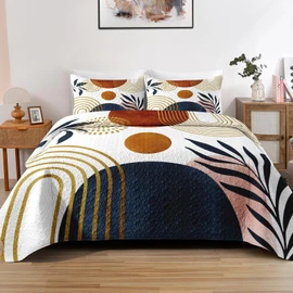 Pamnest Quilt Set Full/Queen Size, Gold Yellow Mid Century 3 Pcs Soft Bed Cover Bedding Set for Kids and Adults, Sun Boho Geometric Leaf Lightweight Bedspread Coverlet with Pillow Sham for All Season
