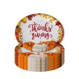 25 Count Thanksgiving Plates Fall Paper Plates 12" x 10" Heavy Duty Oval Paper Plate Pumpkin Designed Large Thanksgiving Tableware for Give Thanks Autumn Fall Harvest Party Supplies