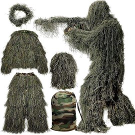 5 in 1 Ghillie Suit, 3D Camouflage Hunting Apparel Including Jacket, Pants, Hood, Carry Bag Suitable for Unisex Adults/Youth (M/L/XL/XXL) Tactical Gear Wildlife Photography - Color: Forest Green, Size: XL/2XL 5'8" - 6'4"