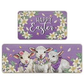 Tailus Happy Easter Lamb Kitchen Rugs Set of 2, Purple Lily Flowers Floral Kitchen Mats Decor, Floor Door Mat Spring Home Decorations - 17x29 and 17x47 Inch