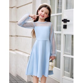 Flypigs Girl's Mesh Dress Long Sleeve High Waist Princess Birthday Party Blue Tween Sundress for 7-8 Years
