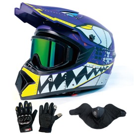 LASFRE Motocross Helmet DOT Dirtbike ATV Motorcycle Mountain Bike Full Face Helmet with Goggles Gloves Mask Matte Purple Shark L (58-59 cm)