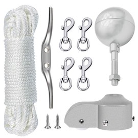 NQ Flagpole Accessory Set, Flagpole Repair Kit, Flagpole Repair Parts Including Ball, Rope, Carabiner, Cleat, Topper Made of Aluminium with Pulley, Flag Parts Kit (Silver)