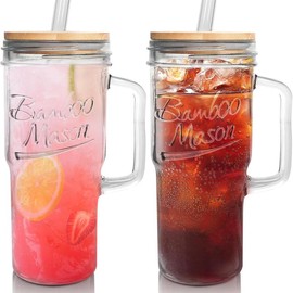 ANOTION 24oz Glass Cups with Lids and Straws with Handle  -Tumbler Coffee Cups Mason Jar Cups Drinking Set Coffee Bar Accessories:_set of 2