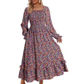 Dokotoo Wedding Guest Dresses for Women Boho Floral Long Sleeve Square Neck Smocked Ruffle Casual Elegant Chiffon A-Line Swing Maxi Dress Party Vacation Outfits Multicolour Medium