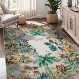 Dotiiorug Vintage Washable Area Rug for Living Room,Low Pile 5x7 Non Slip Carpet Non-Shedding Area Rug Soft Indoor Stain Resistant Rug Floral Print Mat for Bedroom Dining Room 083-Forest Green