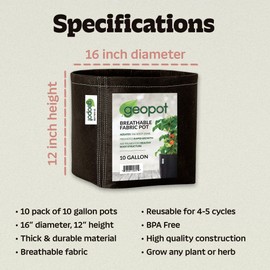 GeoPot Fabric Grow Bags 5 Pack Thick Nonwoven Plant Fabric Pots for Outdoors and Indoors, Aerated Fabric Planter for Fruits, Vegetables, Flowers, Herbs (10 Gallon)