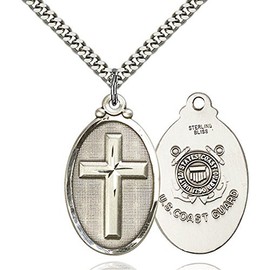 Bonyak Jewelry Sterling Silver Cross/Coast Guard Pendant 1 1/4 x 5/8 inches with Heavy Curb Chain