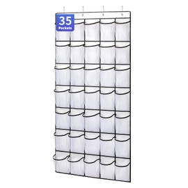 ANSTROUT 35 Pockets Over the Door Shoe Organizer, Hanging Shoe Organizer for Door with 35 Mesh Pockets Large Capacity Shoe Hanging Storage Bag with 4 Metal Hooks (White-1Pack)
