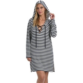 La Blanca Women's Lace Front Cover Up Tunic Dress, Indigo//Static Stripe, L