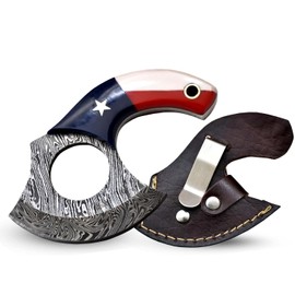 Hercules Knives Custom Damascus Steel Ulu Knife Traditional Alaskan Ulu Multi-Purpose Pizza Cutter,Vegetable Chopping, Boning Slicing Cutting Texas Flag Resin Handle Leather Sheath (SUB-02)