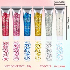 AYBUY 6PCS Body Glitter Gel, 18ml Chunky Face Glitter Gel Holographic Mermaid Sequins Sparkling Festival Party Lotion for Face, Eye, Hair, Nail Makeup and DIY Art