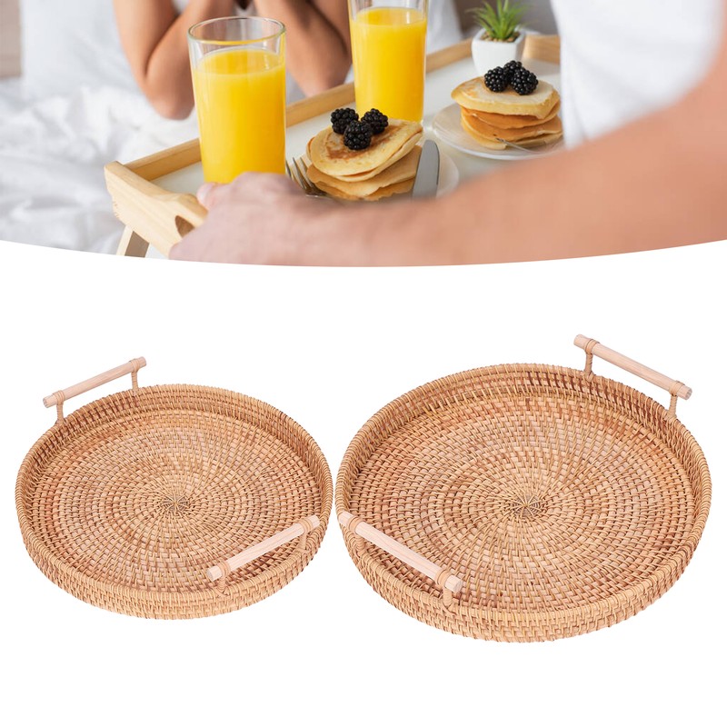 2PCS Hand Woven Rattan Tray Round Serving Tray Tea Fruit