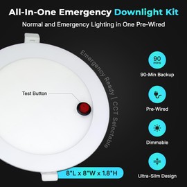 LED & Lighting Solutions 8" Dimmable Ultra Slim, Battery Powered recessed Lights, 18W 1450 Lumens, 80 CRI Selectable 2700K-6000K, 8 Inch Ceiling Light w/ 90 Min Battery Backup, ETL/IC/Damp Rated.