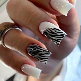 ANDGING Square Press on Nails Short Medium Black White Fake Nails Acrylic Glue Glue on Nails with Striped Design Manicure False Nails Full Cover Women Gel Stick on Nails for Wedding LADKKH