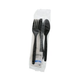 AmerCareRoyal 6-in-1 Disposable Silverware Medium-Plus Weight Plastic Utensil Set with Teaspoon, Fork, Knife, Salt & Pepper, 12x13 in Napkin - Individually Wrapped Cutlery Meal Kit, Black, Case of 250