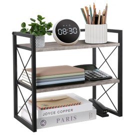 YINMIT Desktop Shelf Organizer, 2 Tier Office Shelves, Wood Desk Organizer Storage Rack and Freestanding Display Shelf for Office, Dormitory, Home (Grey)