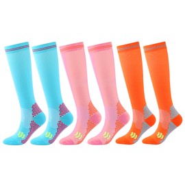 SUJAYU 3 Pairs Compression Socks for Women 20-30 mmhg Knee High, Womens Compression Socks Compression Stockings for Women (as1, alpha, l, x_l, regular, regular, Pink/Orange/LightBlue)