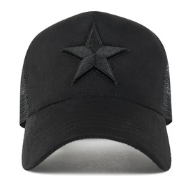 ililily Premium Star Embroidery Cotton Trucker Hat Distressed Baseball Cap (US, Alpha, Medium, Black Suede)