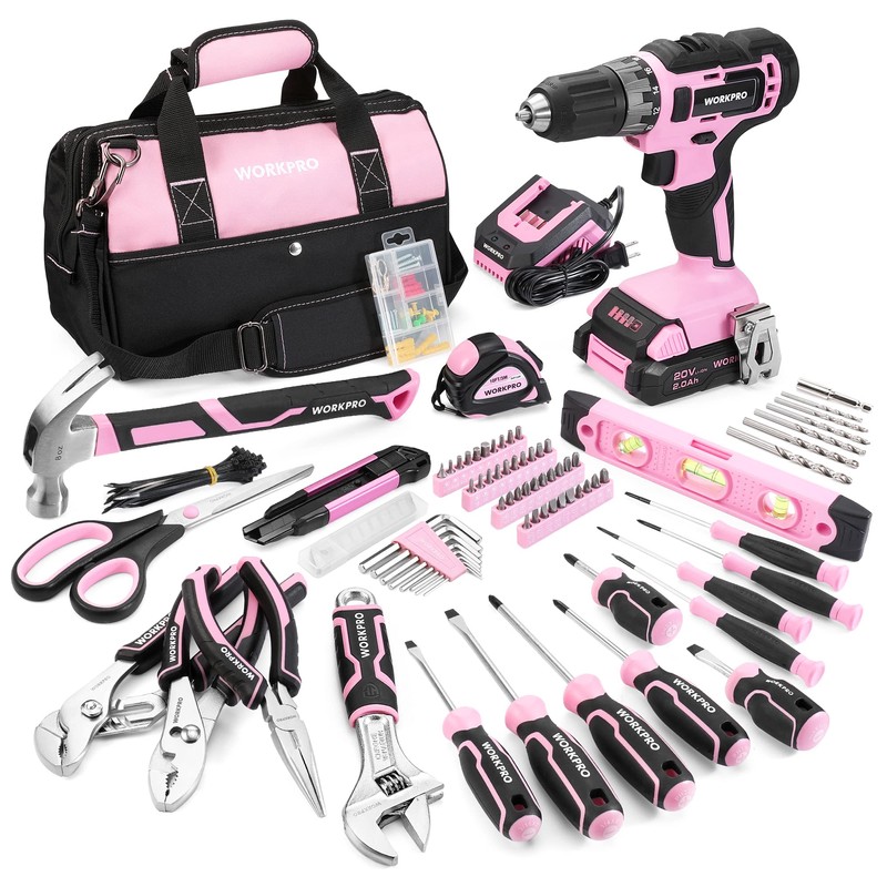 WORKPRO Pink Tool Kit with Drill, Tool Set with 20V
