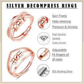 Glintara Anxiety Ring 925 Silver 2 Pieces 925 Sterling Silver Anti-Stress Ring Set, Open Adjustable Spinner Fidget Rings, Partner Rings Pair Rings Against Anxiety, Mood Ring with Beads for Women