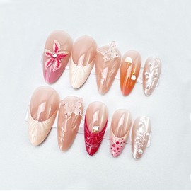 24Pcs French Tip Press on Nails Medium Almond Fake Nails with 3D Designs Seashell Stick on Nails Summer Flower False Nails Butterfly Charms Acrylic Nails Cute Pearl Glue on Nails for Women Nail Kit