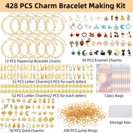 wxfhtda Charm Bracelet Making Kit for Adults & Teens, 428 Pieces DIY Charm Bracelet Set with Gold Charms, Including Paperclip Chain Bracelets, Charms, Jump Rings for Jewelry Making