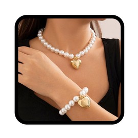 Zoerstar Pearl Necklaces, 2 Pieces Gold Heart Pendant Choker Necklaces Vintage Necklaces for Women, /